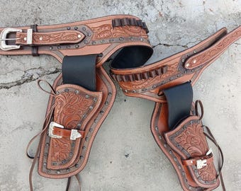 Funda de cuero hecha a mano estilo western: cinturón de munición Cowboy Action de calibre .22, .357, .38, .44 y .45