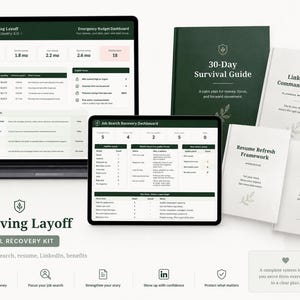 May include: A full recovery kit for surviving a layoff, including a laptop and tablet displaying financial dashboards and job search tools. Also included are a 30-day survival guide, a LinkedIn workbook, a resume framework, and a benefits guide.