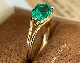 Anillo de pera verde de oro de 14k, anillo solitario de esmeralda talla pera, anillo de piedra natal de mayo, regalo de anillo de compromiso