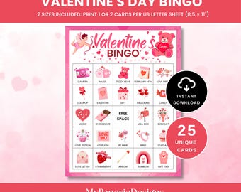 Valentine's Day Bingo, Valentine's Party Game, 25 Valentine's Day Bingo Cards for Kids, Valentines Printable Game,