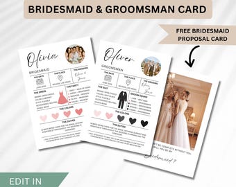Bridesmaid Proposal & Info Card Template, Editable Bridesmaid Groomsman Template, Bridal Party Canva Template,