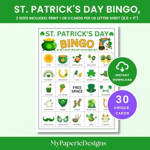 Può includere: Un foglio di gioco del bingo di San Patrizio con 30 carte uniche. Il foglio include immagini di un vaso d'oro, un folletto, un ferro di cavallo, un quadrifoglio e altre icone a tema San Patrizio. Il testo recita "Download istantaneo".