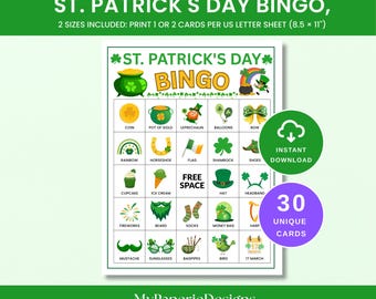 30 St. Patricks Day Bingo Cards Game, St.Paddy's Game for Kids, St Patrick's Day Party Game, St.Patrick's Day Game, St. Patrick's Day Bingo,