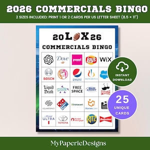 Puede incluir: Una tarjeta de bingo con el texto "2026 COMMERCIALS BINGO" y logotipos de varias marcas. La tarjeta incluye 25 tarjetas únicas y está diseñada para imprimir en una hoja de tamaño A4. Un círculo verde dice "Descarga instantánea".