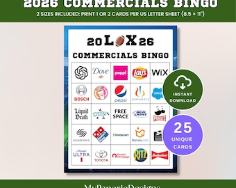 Super Big Game Commercials Bingo, Football Watch Party Bingo, 2026 Bowl Ads Game, LX Commercials Game, Instant Download