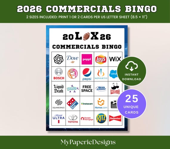 Super Big Game Commercials Bingo, Football Watch Party Bingo, 2026 Bowl Ads Game, LX Commercials Game, Instant Download