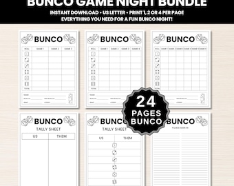 May include: A Bunco game night bundle featuring printable score sheets and tally sheets. The black and white documents include grids for tracking rolls, games, wins, and losses, with a central badge indicating 24 pages of game materials.