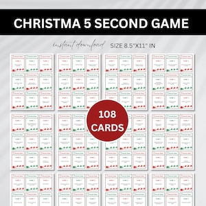 May include: Christmas 5 Second Game printable with 108 cards. Each card has a red and green border with Christmas-themed graphics. The game cards are 21.59cm x 27.94cm in size and are an instant download.