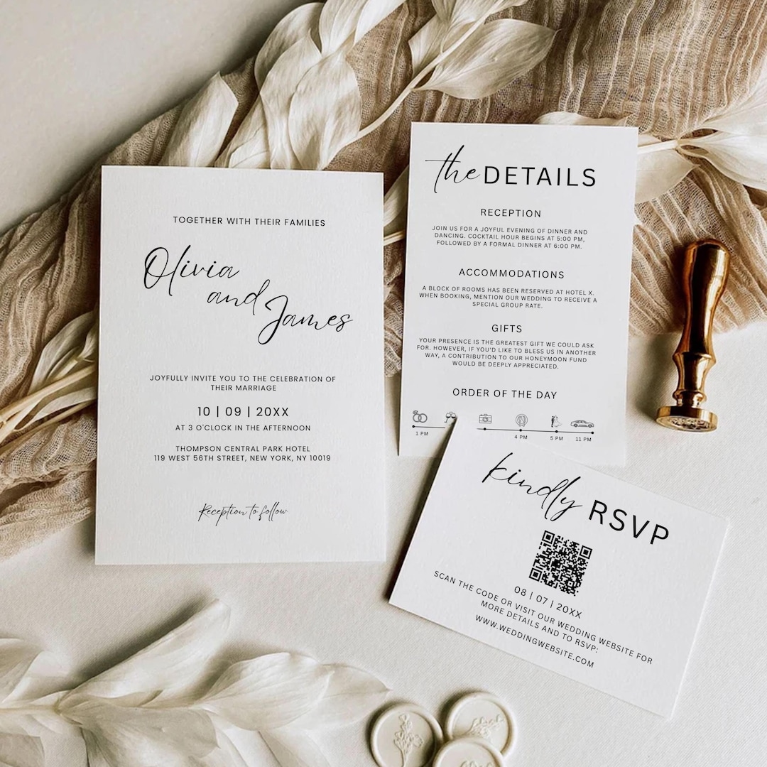 Minimalist Wedding Invitation Template Bundle, Modern Invite Suite, RSVP Cards, Details Set ...