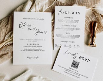 Minimalist Wedding Invitation with Qr Code, Wedding Invite Suite, Elegant Wedding Invitation Template Set, Wedding Bundle Canva Template,