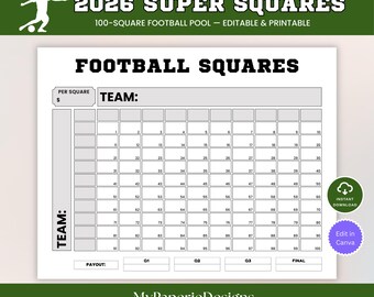Super Big Game Football Squares, Super Big Bow, Football Fundraiser Game, 100 Squares Football Pool, Team Fundraiser, Instant download