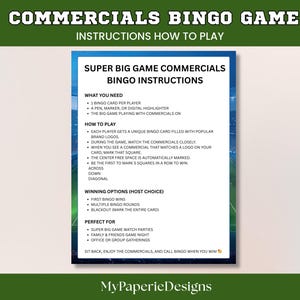 Super Big Game Commercials Bingo, Football Watch Party Bingo, 2026 Bowl Ads Game, LX Commercials Game, Instant Download