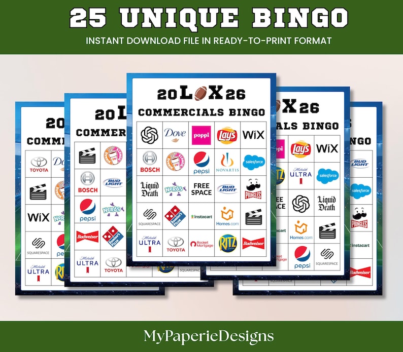 Super Big Game Commercials Bingo, Football Watch Party Bingo, 2026 Bowl Ads Game, LX Commercials Game, Instant Download