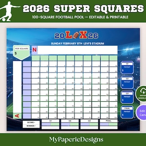 Puede incluir: Un tablero de juego de fútbol Super Squares 2026 imprimible. El diseño presenta una cuadrícula de 100 cuadrados con números, un gráfico de fútbol y el texto "Sunday February 8th Levi's Stadium". Incluye detalles de pago e instrucciones de edición de Canva.