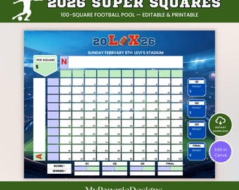 Super Big Game Football Squares,  2026 Super Big Bow, Football Fundraiser Game, 100 Squares Football Pool, Team Fundraiser, Instant download