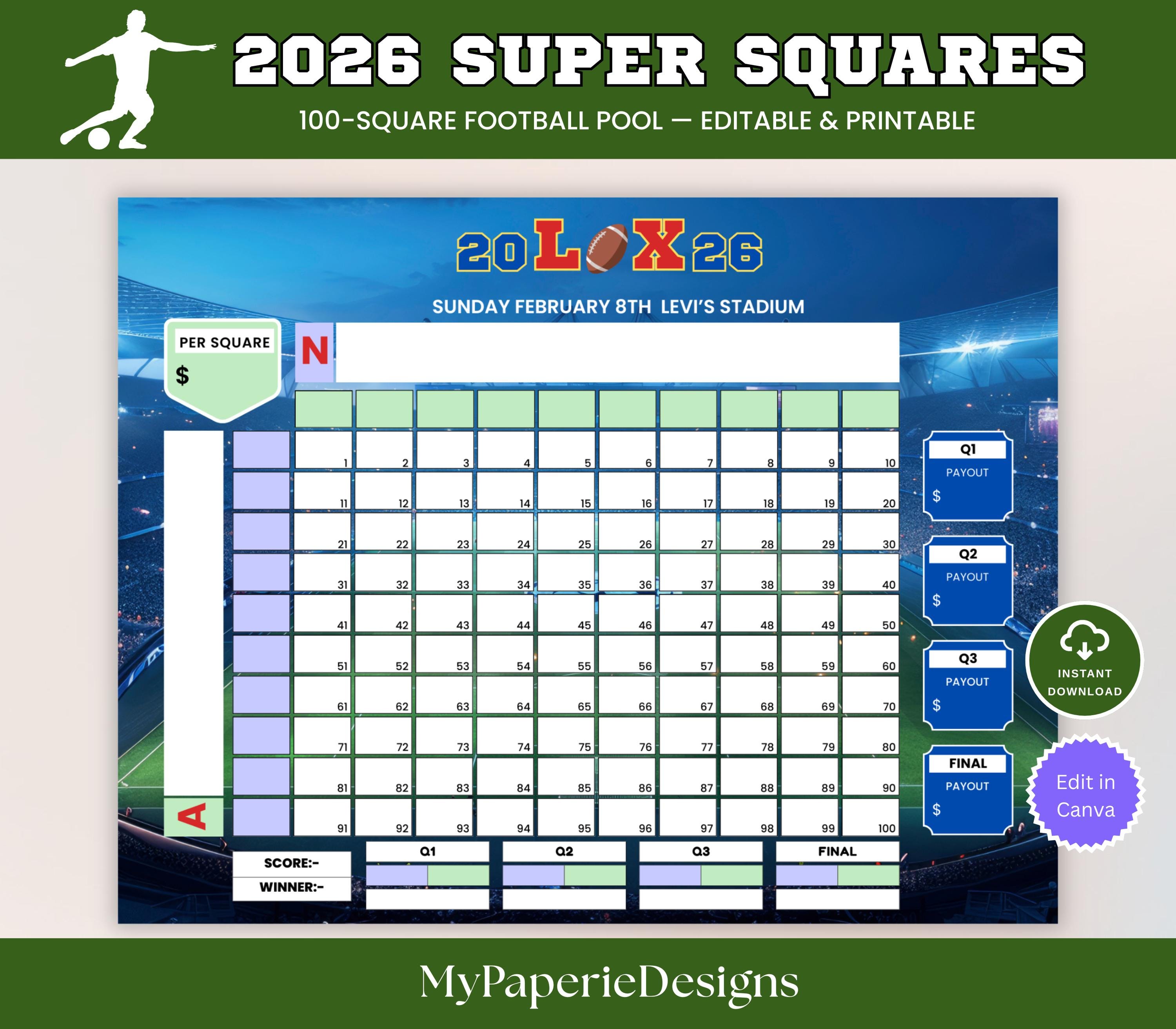 super big game football squares, 2026 super big bow, football