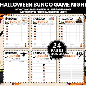 Op de afbeelding: Een set printbare Halloween Bunco spelbladen met scorekaarten, telbladen en een presentielijst. De ontwerpen bevatten oranje en zwarte dobbelsteenpictogrammen, spoken, een vogelverschrikker en een zwarte kat. De tekst luidt HALLOWEEN BUNCO.
