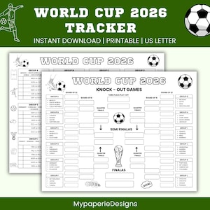 Könnte beinhalten: Ein druckbares World Cup 2026 Tracker-Dokument mit einem schwarz-weißen Layout, das einen Turnierbaum für K.-o.-Spiele, Gruppenphasen-Listen, Fußballillustrationen und den Text World Cup 2026 am oberen Rand enthält.
