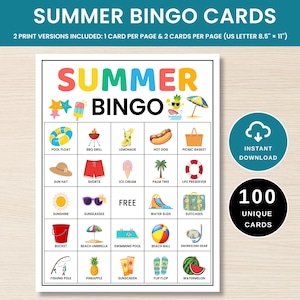 Può includere: Una scheda di gioco Summer Bingo con illustrazioni colorate di oggetti stagionali come un salvagente, barbecue, limonata, hot dog, cestino da picnic, cappello da sole, pantaloncini, gelato, palma, salvagente, sole, occhiali da sole, secchiello, ombrellone, piscina, pallone da spiaggia, attrezzatura da snorkeling, canna da pesca, ananas, crema solare, infradito e anguria.