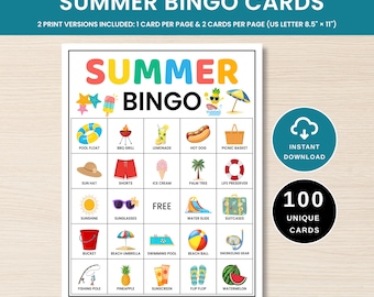 100 Summer Bingo, Summer Bingo Cards, Summer Game, Summer Bingo Game for Kids, Summer Activity, Kid's Printable Bingo, Summer Vacation Bingo