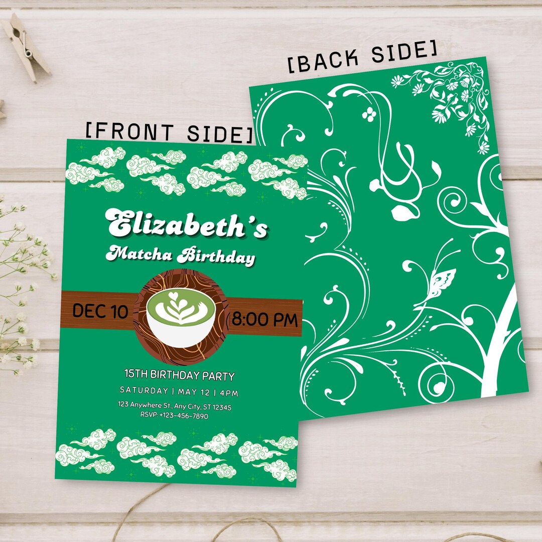 Matcha With Clouds Tea Birthday Party Invite (dark Version) : Editable ...
