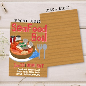 Könnte beinhalten: Quadratische Einladungskarte mit dem Thema Seafood Boil. Die Vorderseite zeigt den Text "SeaFood Boil" in Rot, zusammen mit einer Illustration eines Meeresfrüchte-Gerichts. Die Rückseite ist schlicht. Die Karte enthält Eventdetails: 30. Juni | 20 Uhr | SA.