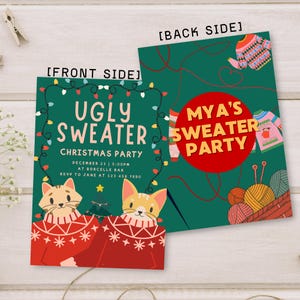 Cats Sweater Party Invite 2 Sided | Digital Download Canva Template