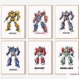 Puede incluir: Seis impresiones artísticas enmarcadas con ilustraciones de acuarela de personajes de Transformers. Cada impresión muestra un personaje diferente: Bumblebee, Optimus Prime, Megatron, Soundwave, Ratchet y Wheeljack. Las impresiones tienen un fondo blanco.