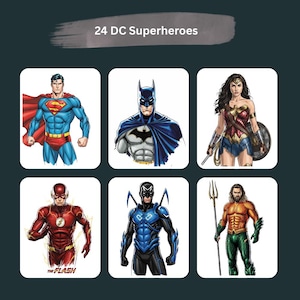 Puede incluir: Seis ilustraciones de superhéroes de DC, incluyendo Superman, Batman y Wonder Woman. El texto "24 DC Superheroes" está en la parte superior. Cada personaje se representa con su icónico disfraz, con colores vibrantes y poses dinámicas.