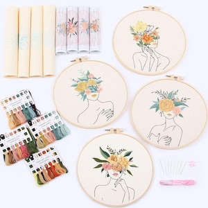 DIY Embroidery Kit Set – 4 Patterns with Hoops, Threads, Needles and Scissors for Beginners
