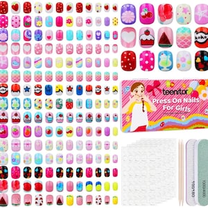 May include: A collection of press-on nails for girls, featuring various designs like hearts, strawberries, and cupcakes. The set includes nail files, a cuticle stick, and adhesive sheets. The packaging displays the text "teenitor Press On Nails For Girls".