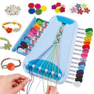 May include: A light blue friendship bracelet maker kit with colorful embroidery floss, beads, and buttons. The kit includes a bracelet-making tool, spools of thread, and various decorative elements for crafting personalized bracelets. The image shows a finished bracelet.