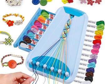 May include: A light blue friendship bracelet maker kit with colorful embroidery floss, beads, and buttons. The kit includes a bracelet-making tool, spools of thread, and various decorative elements for crafting personalized bracelets. The image shows a finished bracelet.