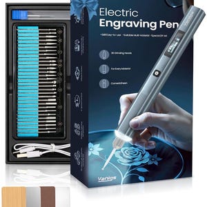 May include: A grey electric engraving pen with a digital display, accompanied by a storage case containing 30 grinding heads and a charging cable. The packaging features the text Electric Engraving Pen, Vanlgs, and lists features like 30 Grinding Heads, 3-Speed Control, and Multi-Material usage.
