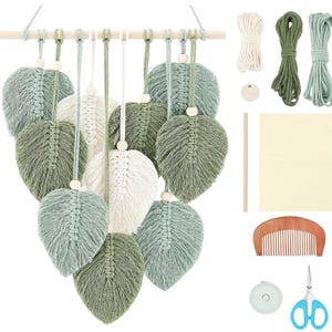 DIY Macrame Leaf Wall Hanging Kit, Beginner Macrame Craft Set with Cotton Cord and Wooden Beads, Boho Home Decor Gift