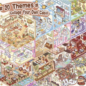 May include: Isometric illustration featuring a collage of 20 themed cabins. Each cabin is filled with cartoon characters and various objects, including food, furniture, and decorative items. The text at the top reads "# 20 Themes # Collage Your Own Cabin."
