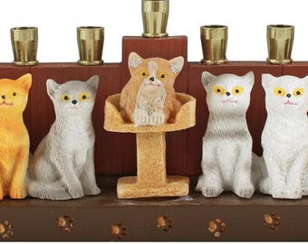 Menorá de Janucá con gato pintado a mano – Janucá de gatito caprichoso
