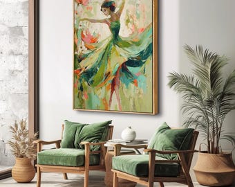 Large Abstract Woman Figure Oil Painting: Green Texture Canvas Art