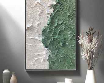 Peinture à l'huile 3D Vague verte : oeuvre d'art abstraite texturée sur toile de paysage marin