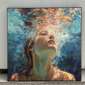 Diving Oil painting Diving Wall Art Swimming Girl Painting Blue Abstract Art Diving in Ocean Sensual Woman Swimming Handmade Canvas Wall Art