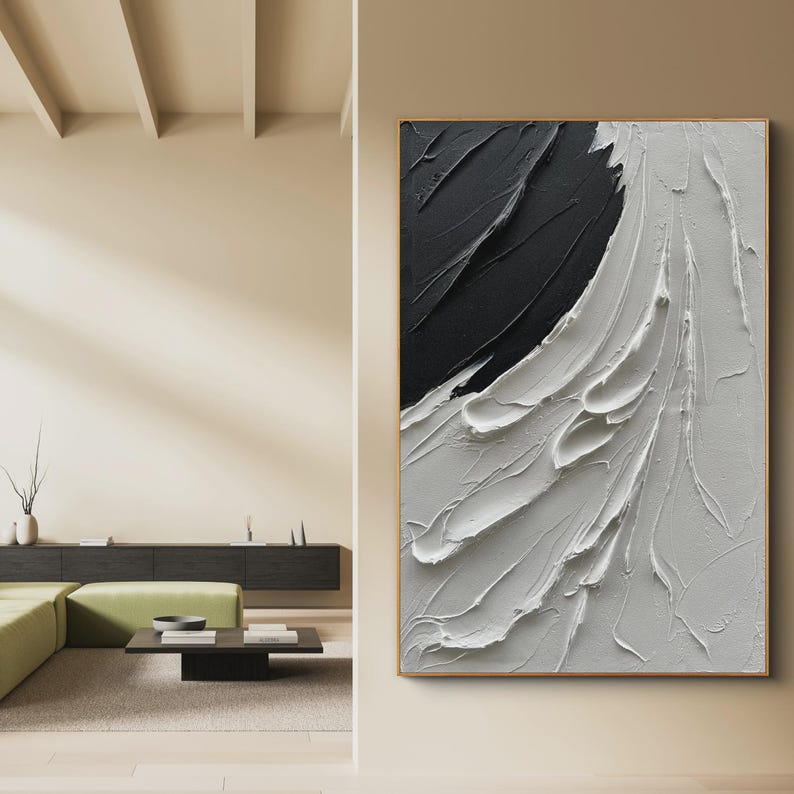 Large Black White 3D Texture Painting: Minimalist Abstract Wall Art - Etsy