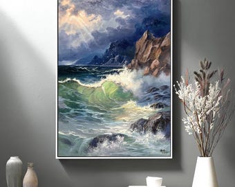 Blue Ocean Wave Painting: Large Textured Seascape Wall Art