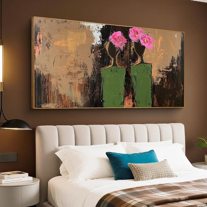 Lagre Abstract Woman Figure Oil Painting: Brown & Green Textured Canvas ...