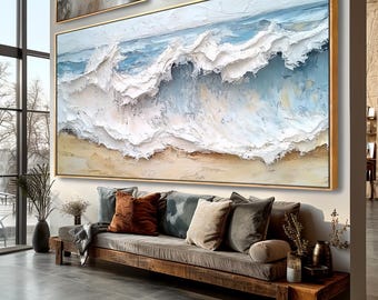 Blue Ocean Wave Impasto Painting: 3D Textured Canvas Art