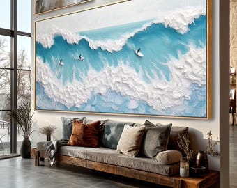 Blue Ocean Wave Impasto Painting: 3D Textured Canvas Art