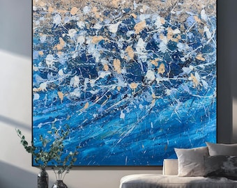 Blue Abstract Oil Painting On Canvas: Elegant Texture, Contemporary Wall Art