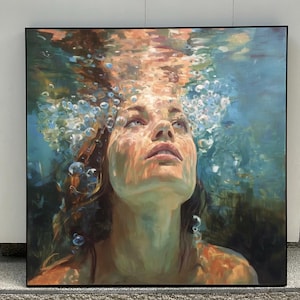 Diving oil painting diving wall art swimming girl painting blue abstract art diving in ocean Sensual Woman Swimming Handmade