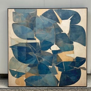 Large Beige & Blue Abstract Painting: Neutral Wall Art