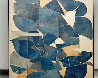 Grand tableau abstrait beige et bleu : oeuvre d'art murale neutre
