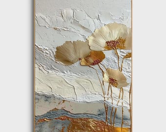 Relief Textured Metallic Flower Wall Art Luxury 3D Gold Floral Painting on Canvas Hand Painted Abstract Canvas Large Living Room Art